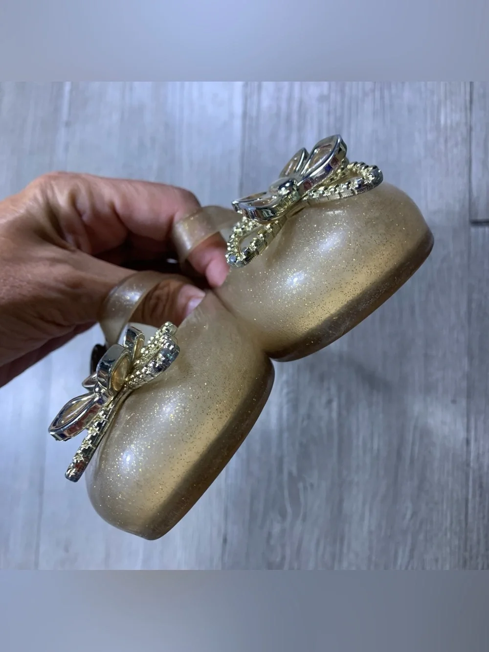 Mini Melissa Gold Sparkle Sweet Live Butterfly Mary Jane Jelly Shoes size 10
